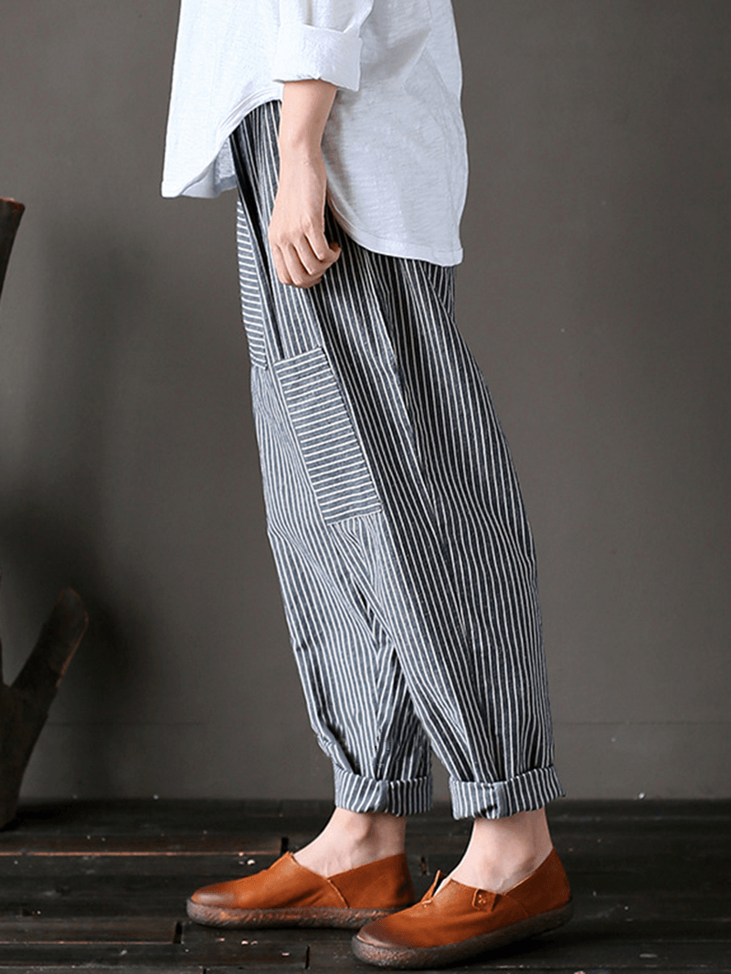 Women Stripe Elastic Waist Casual Loose Harem Pants