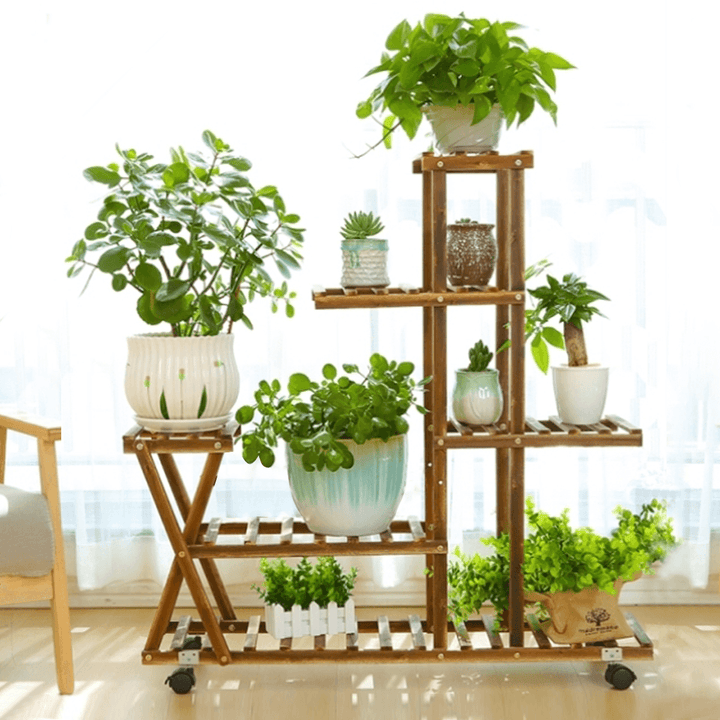 Wooden Plant Flower Pot Stand Shelf Indoor Outdoor Garden Planter with Wheels