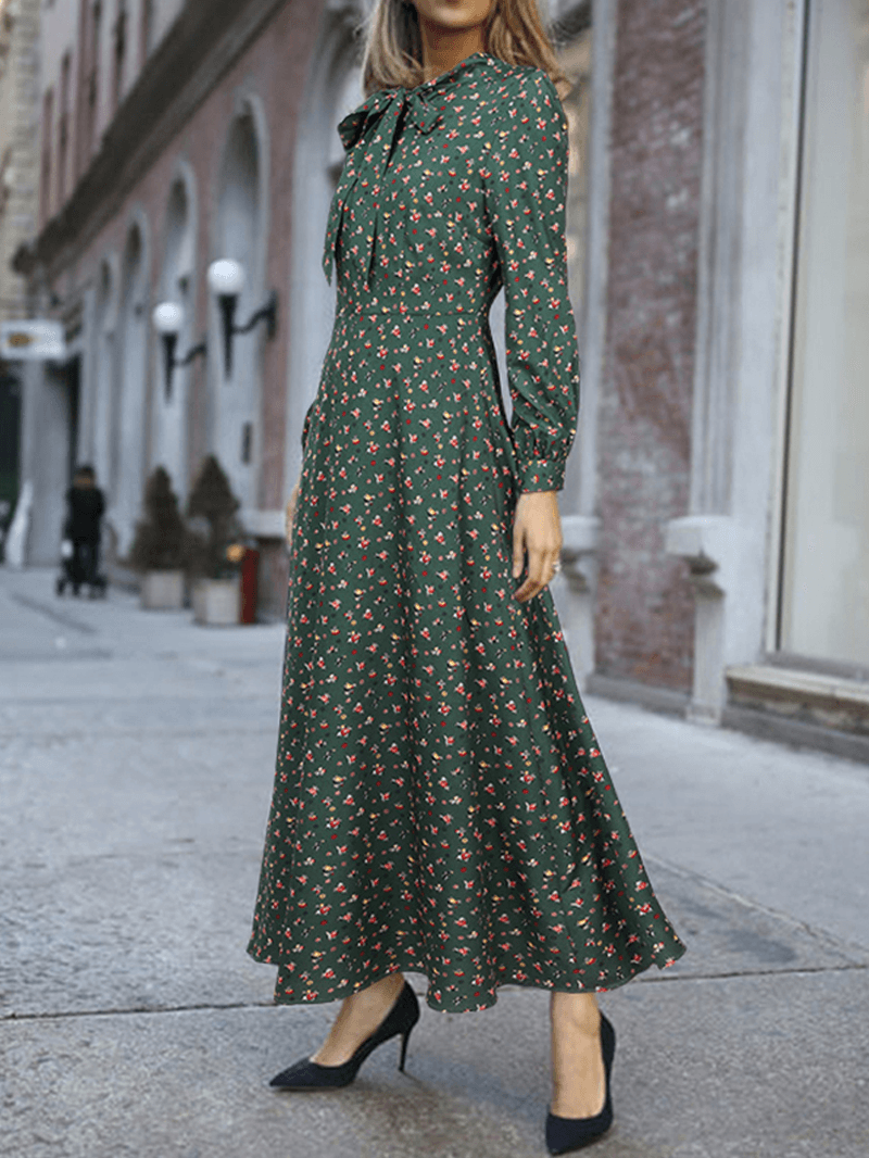 Women Floral Print Lace-Up Long Sleeve Side Zipper Casual Daily Maxi Dress