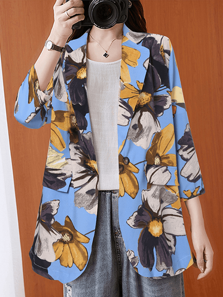 Women Full Sleeve Lapel Floral Bohemian Leisure Retro Thin Suit