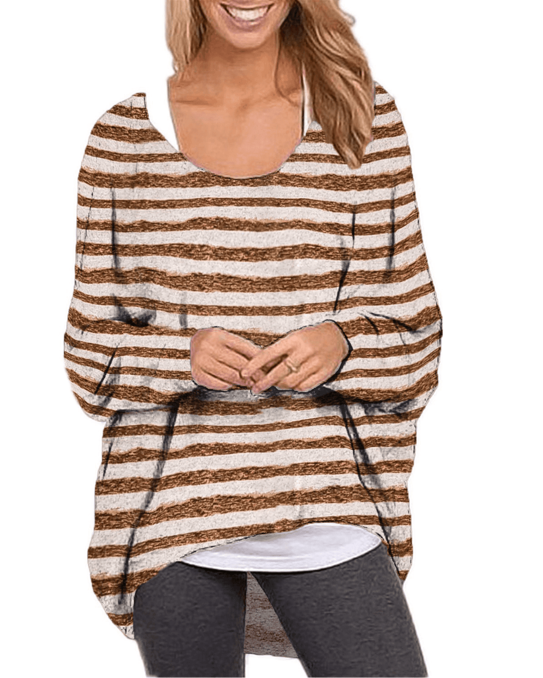 Women Long Sleeve O-Neck Stripe Baggy High Low Hem Casual Blouse