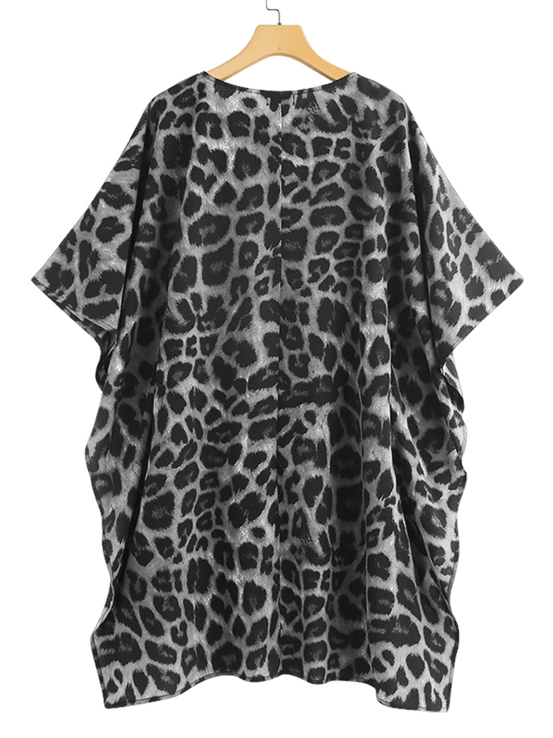 Women Leopard Print Irregular Hem V-Neck Casual Blouse