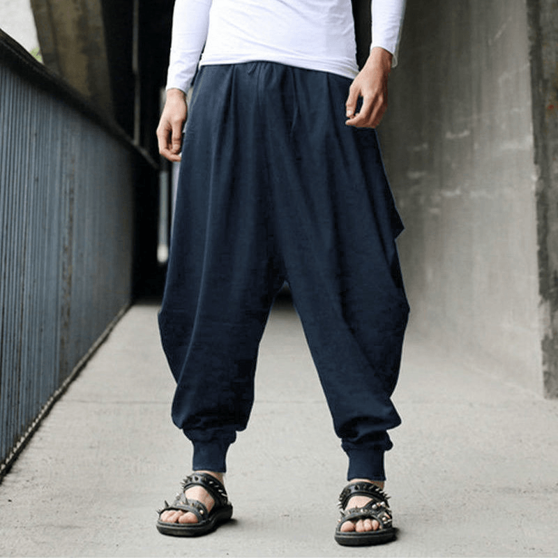 Mens Casual Cotton Linen Solid Color Baggy Loose Harem Pants