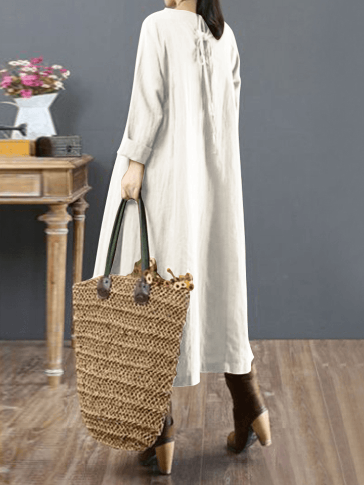 Women Cotton Solid Tie Back round Neck Long Sleeve Casual Midi Dresses