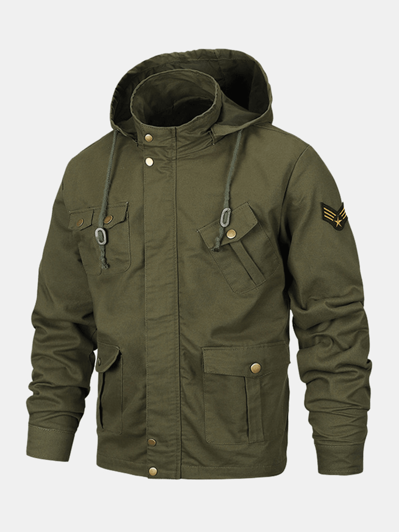 Mens Multi-Pocket Utility Cotton Washed Casual Cargo Jacket with Removable Hood