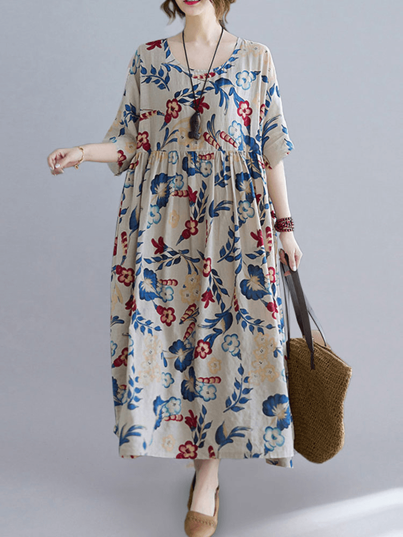 O-Neck Floral Loose Bohemian Casual Summer Dress for Women