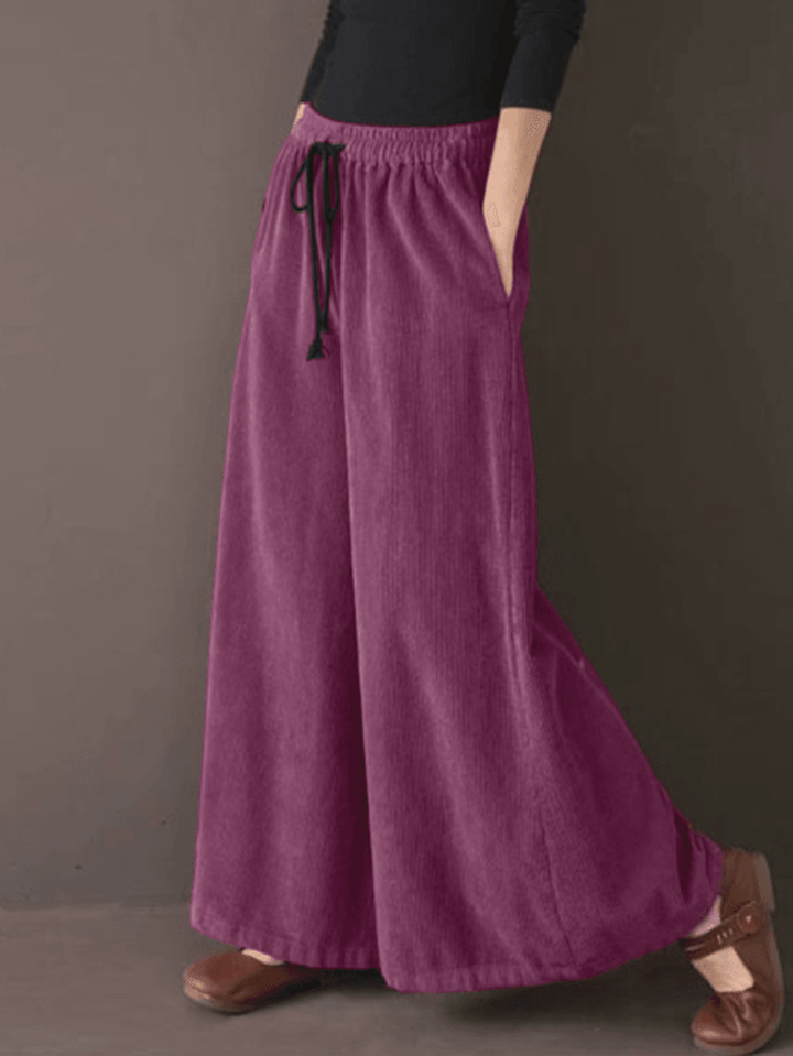 Women Retro Corduroy Solid Casual Drawstring Elastic Waist Wide Leg Pants with Pocket