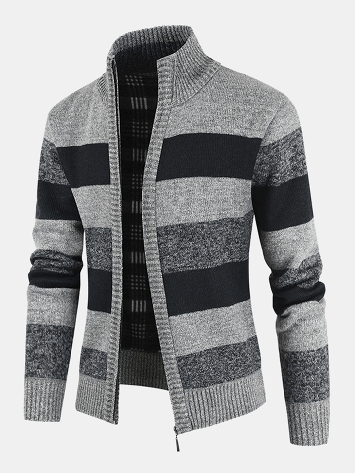 Mens Striped Graphics Knitting Zipper Warm Long Sleeve Sweater Jacket