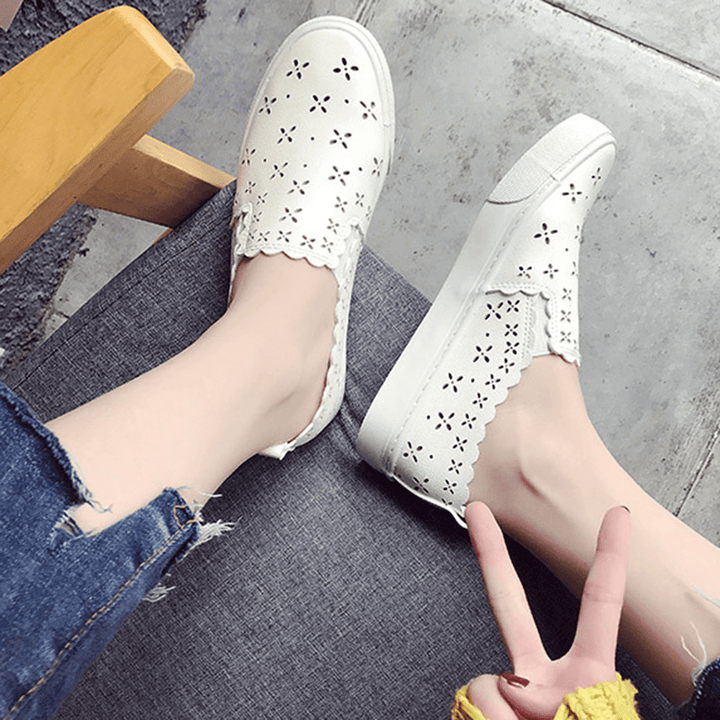 Women Flowers Hollow Comfy Breathable White Flats for Student