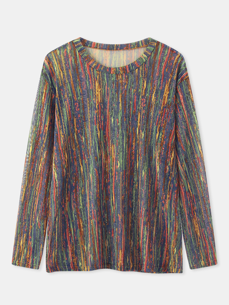 Women Multi-Color Striped Glitter Printed Long Sleeve O-Neck Blouse - MRSLM