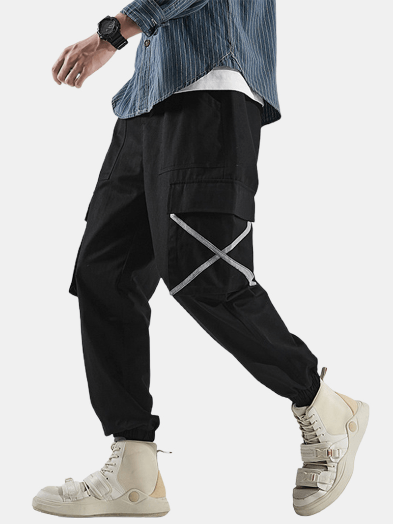 Mens Side X Ribbon Cotton Elastic Ankle Drawstring Cargo Jogger Pants