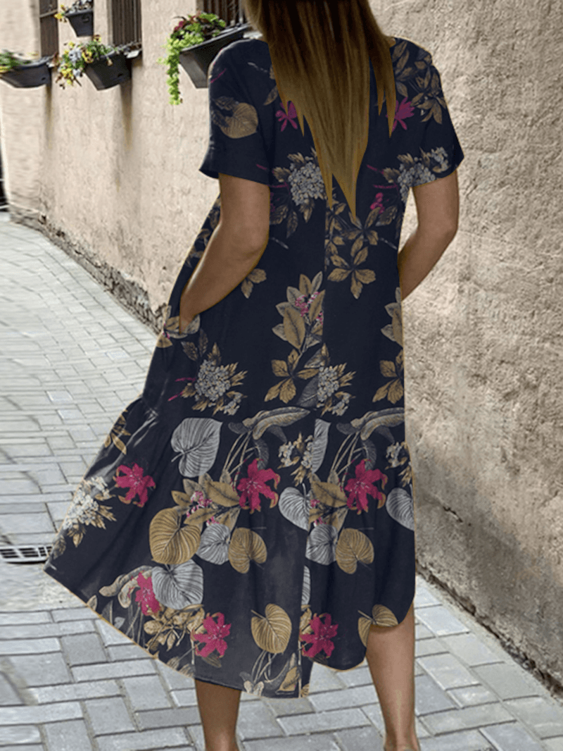 Plant Print High Low Hem Casual Short Sleeve Pocket Midi Dresses for Women