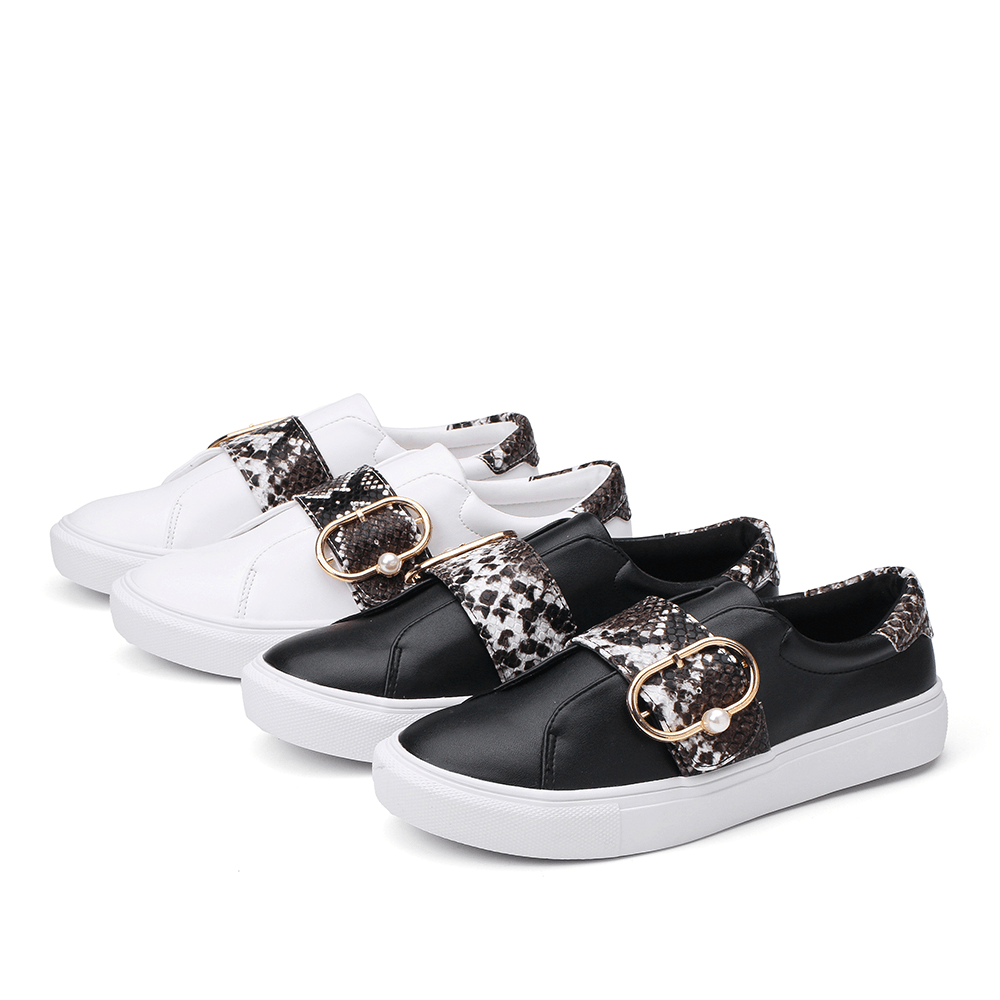 LOSTISY Women Metal Buckle Snake Print Comfy Casual Flats