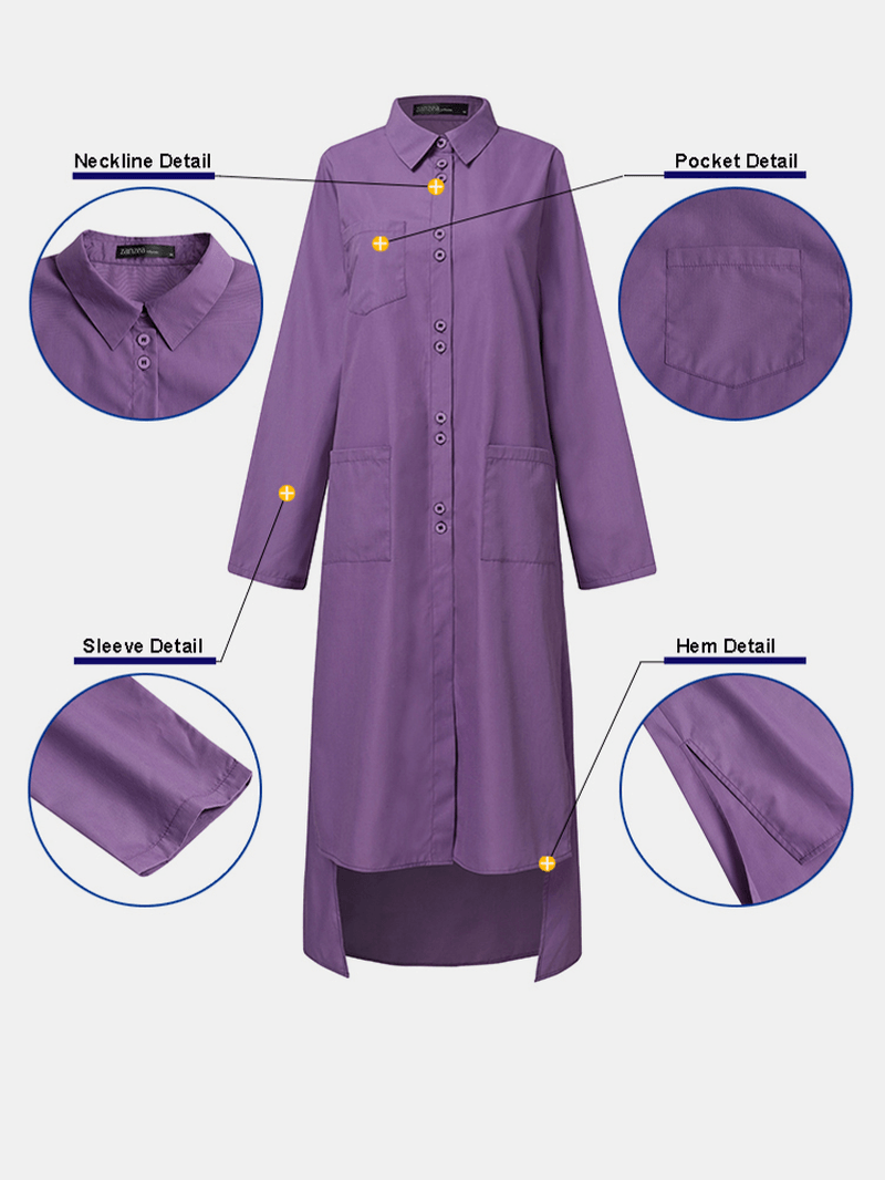 Women Solid Color Button Pocket Lapel Collar High-Low Hem Long Sleeve Shirt Dress