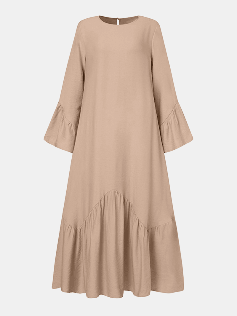 Women Solid Color Ruffle Long Sleeve Simple Kaftan Maxi Dresses