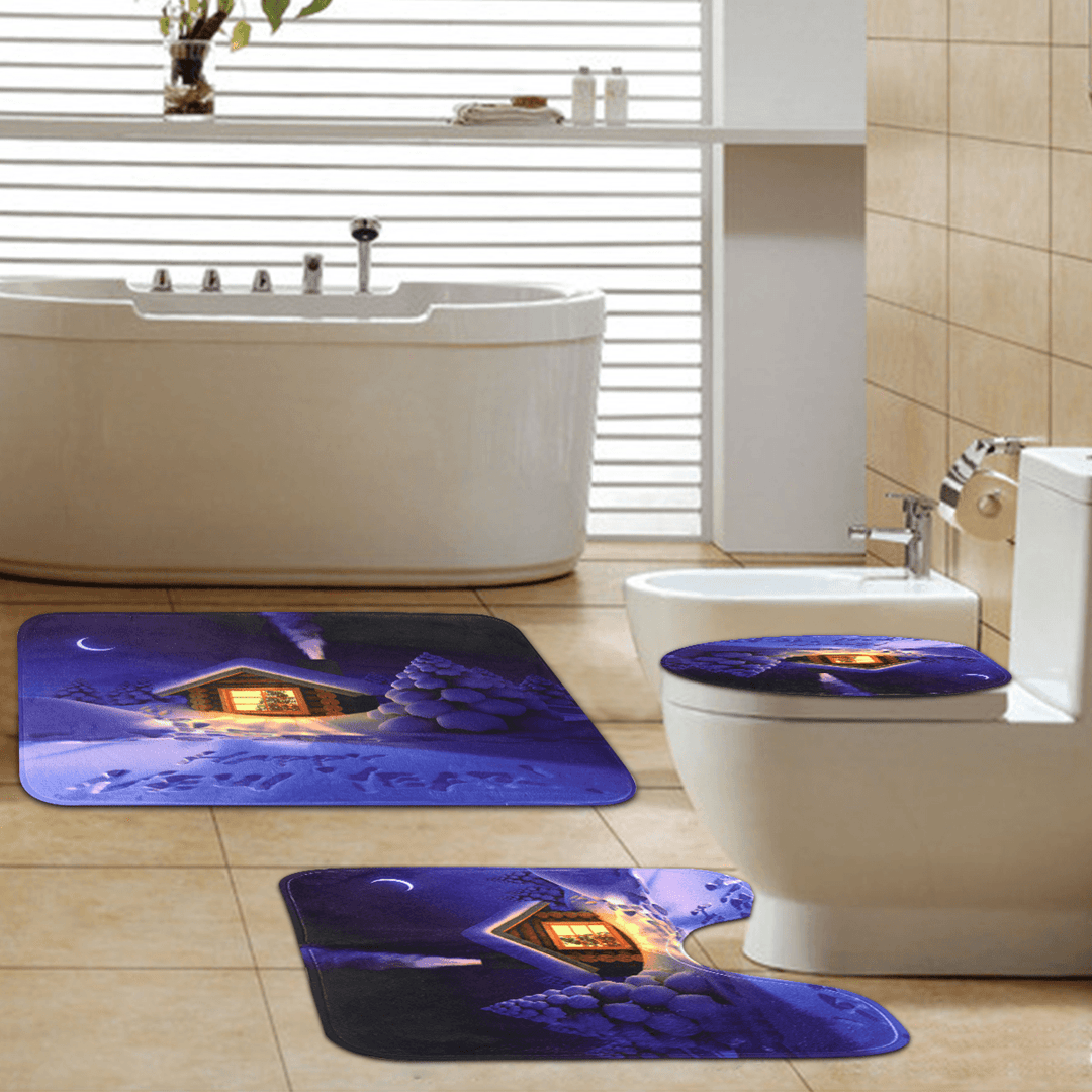 3Pcs Bathroom Set Flannel Carpet Christmas Toilet Non-Slip Rug Lid Pedestal Mat