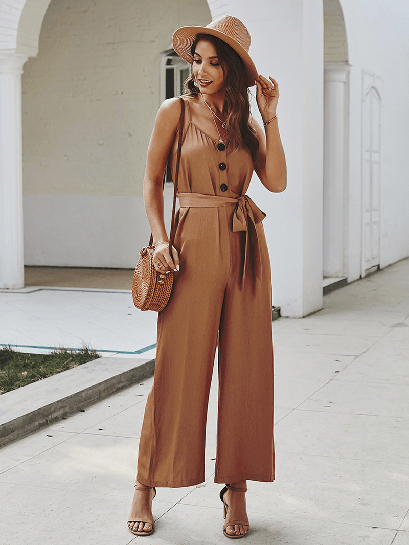 Straps Causal Tie Waist Solid Color Loose Jumpsuit for Women - MRSLM