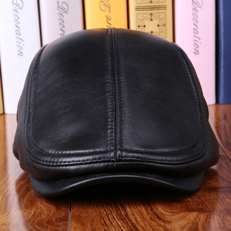 Leather Hat Men'S Sheepskin Ear Protection Leather Suede Beret