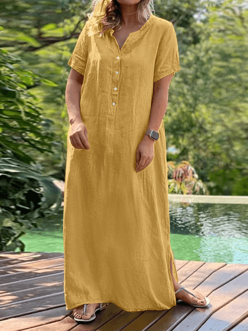 Casual Solid Crew Neck Short Sleeve Button Bohemia Maxi Dress