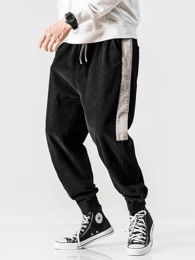 Mens Corduroy Side Stripe Casual Drawstring Jogger Pants