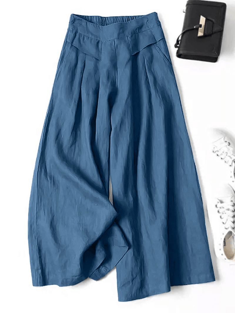 Women 100% Cotton Wide Leg Side Pockets Solid Color Ankle Length Elastic Waist Pants