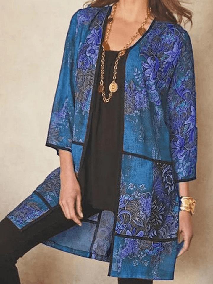 Women Ethnic Style Floral Print Patchwork 3/4 Sleeve Loose Mid Length Cardigan