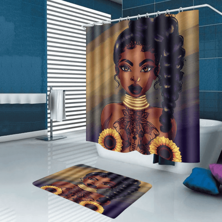 African Black Woman Girl Bathroom Shower Curtain Toilet Cover Pedestal Decor Set