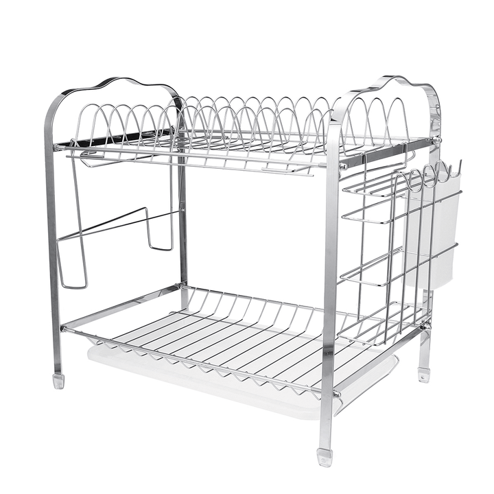 2 Tiers Dish Drying Rack Stainless Steel over Sink Kitchen Cutlery Bowl Storage Holder