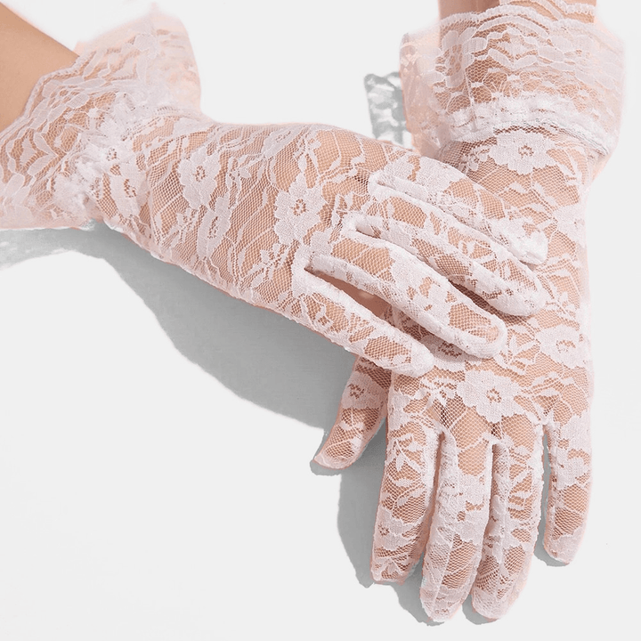 Women Lace Breathable Mesh Full Finger Gloves Summer Thin Sunshade Short Split Finger Gloves - MRSLM