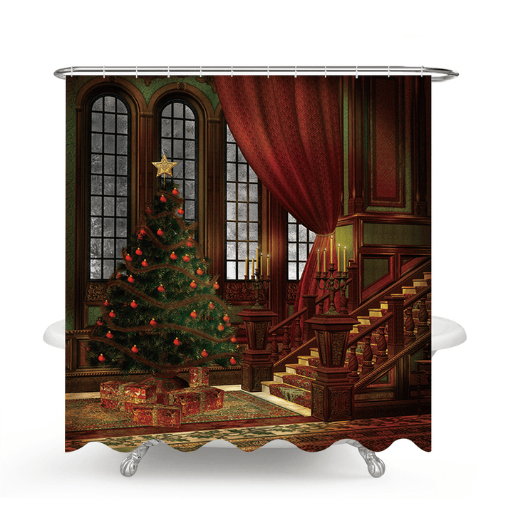 3D Bathroom Sets Christmas Trees Fireplace Shower Curtain Bath Mats Toilet Rugs Anti-Slip Carpet Festival Decor