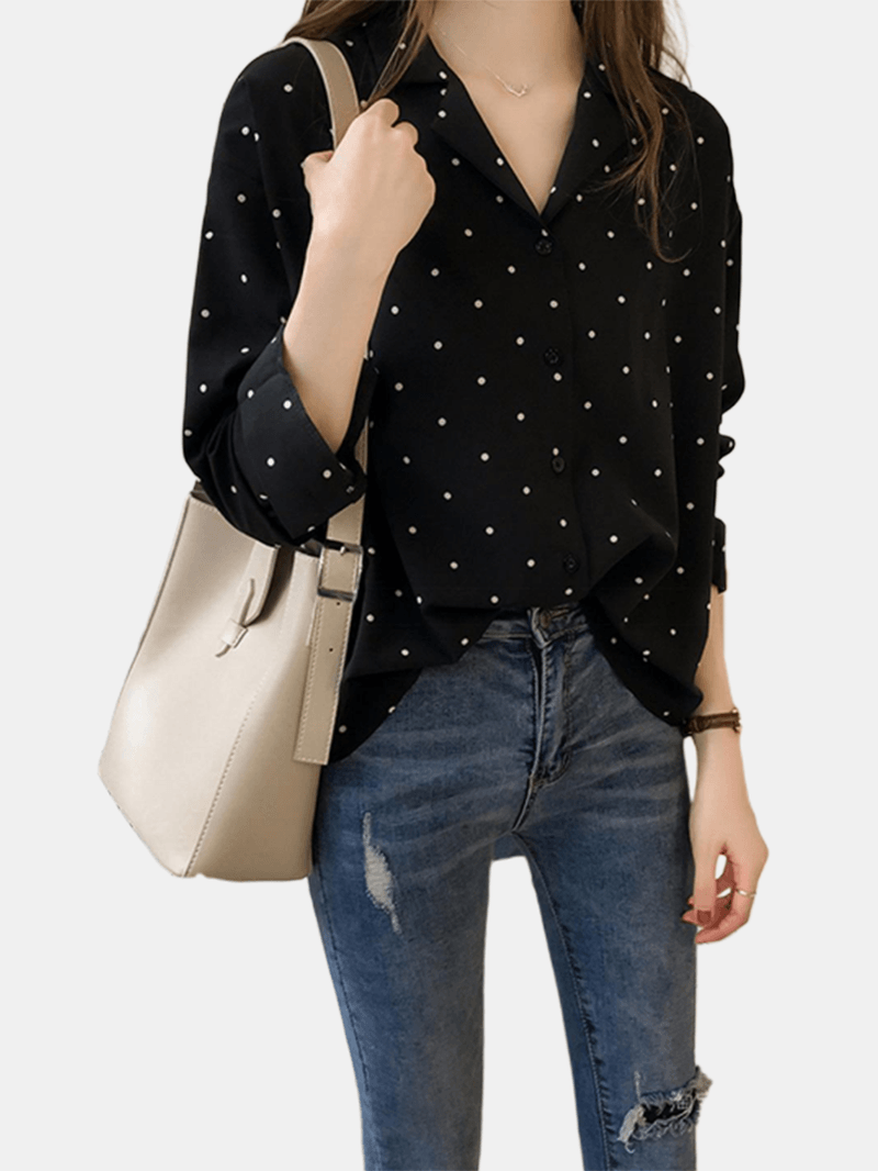 Polka Dot Print V-Neck Long Sleeve Casual Blouse