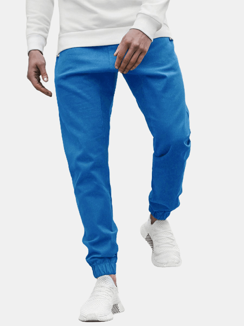 Mens Solid Color Casual Drawstring Pants with Pocket