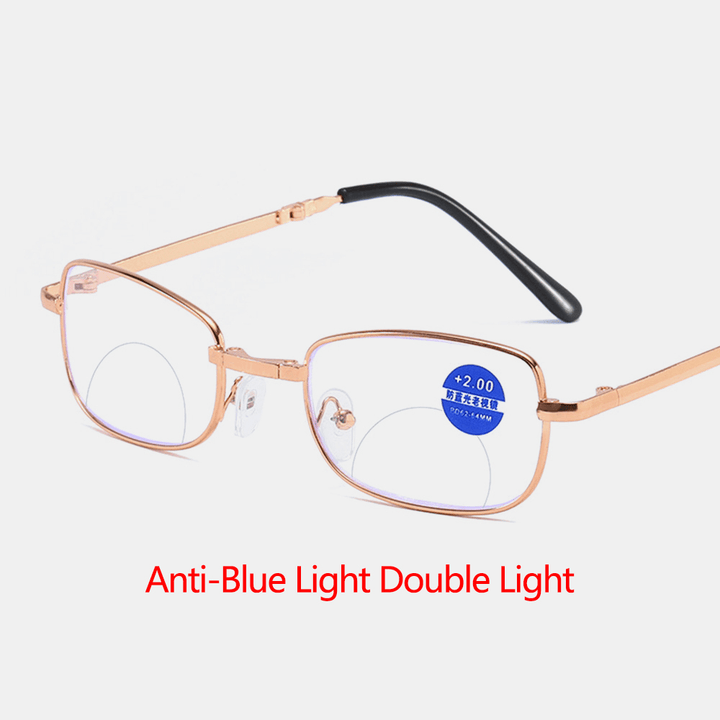 Unisex Portable Full Frame Double Light Myopia Hyperopia Glasses Folding Anti-Blue Reading Glasses with Leather Box - MRSLM