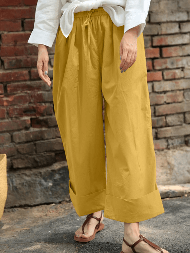 Women Casual Drawstring Waist Solid Holiday Vintage Wide Leg Pants with Pockets - MRSLM