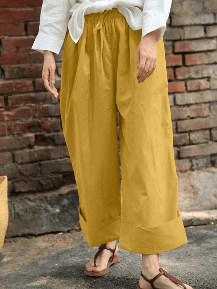 Women Casual Drawstring Waist Solid Holiday Vintage Wide Leg Pants with Pockets - MRSLM