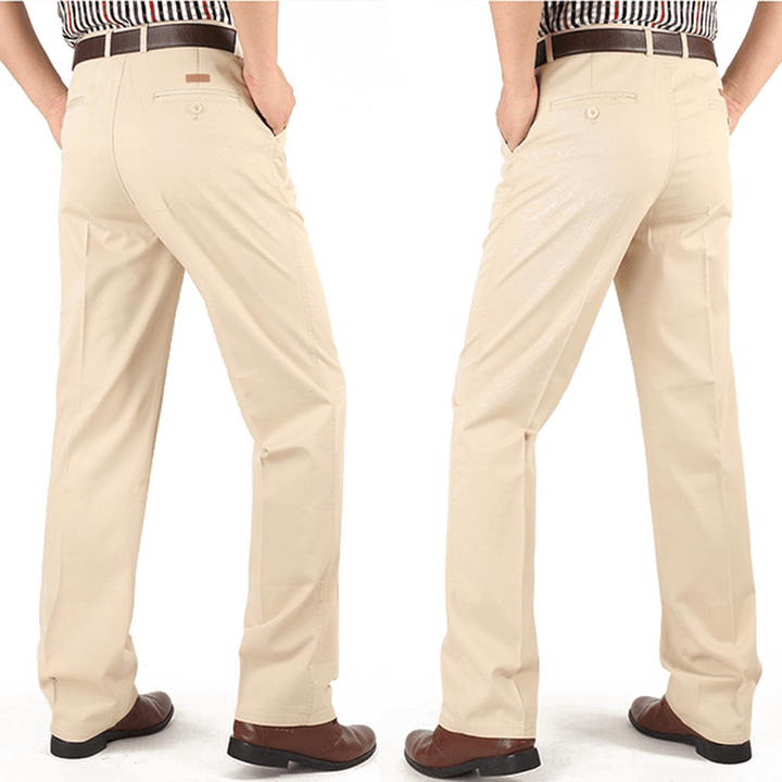 Mens Loose Thin Cotton Work Straight Leg Pants Breathable Wash-And-Wear Casual Slacks