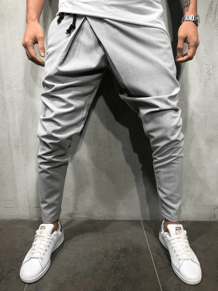 Men's Casual Pants with Drawstring Waist and Asymmetrical Hem