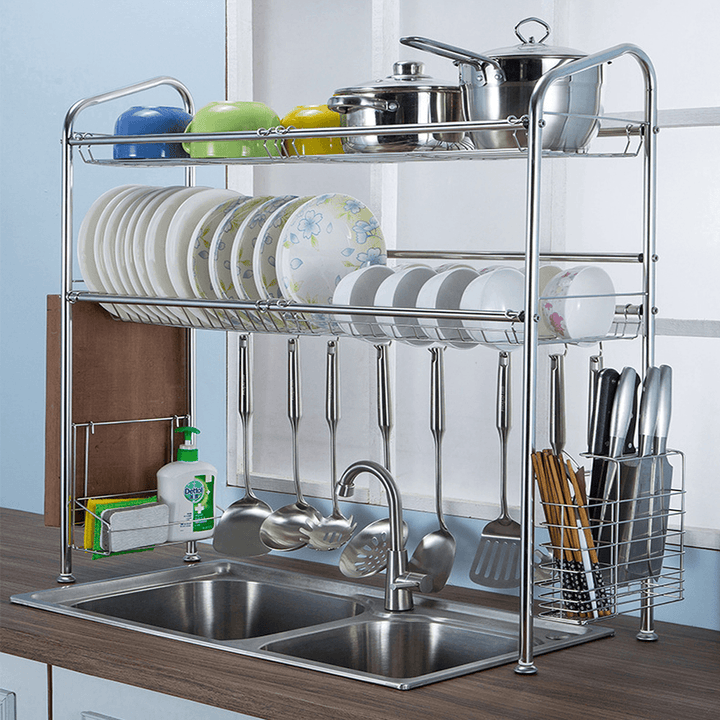 1/2 Layer Tier Stainless Steel Dish Drainer Cutlery Holder Rack Drip Tray Kitchen Tool for Single Sink