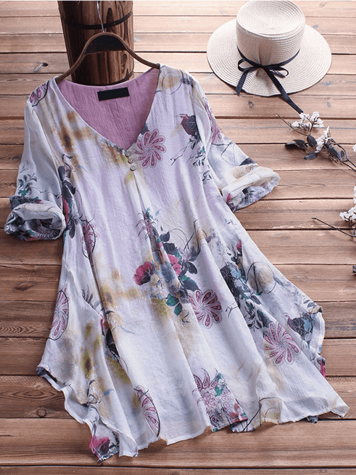 Women's Floral Printed Asymmetric Hem Blouse - Loose Fit, Retro Style