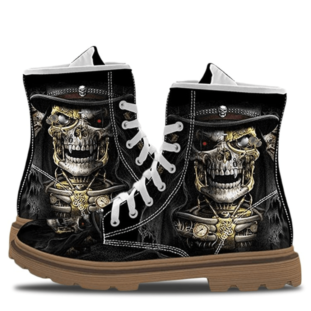 Men Leather Halloween Soft Sole Funny Skull Printing Lace up Casual Martin Ankle Boots