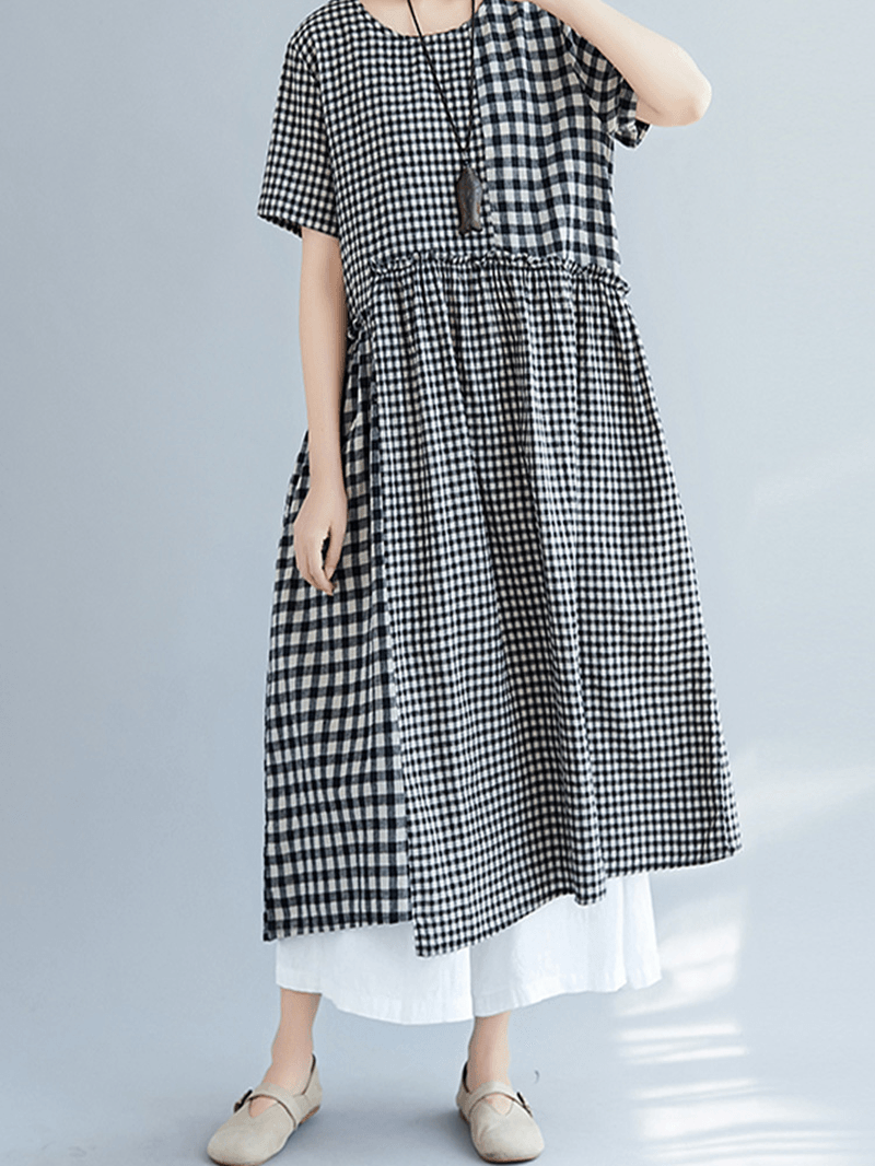 Vintage Cotton Linen Plaid Loose Dress - MRSLM