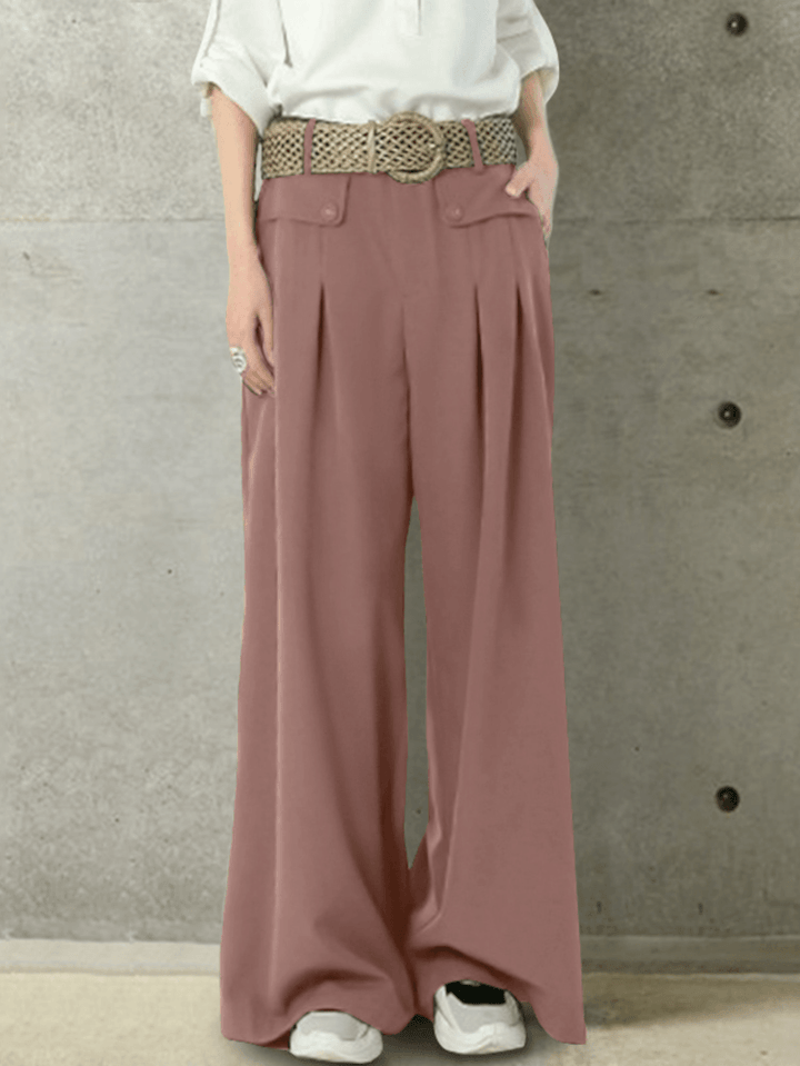 Women Solid Color Button Casual Loose Wide Leg Pants with Pocket