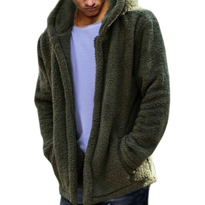 Mens Fashion Casual Fleece Warm Solid Color Hooded Coats