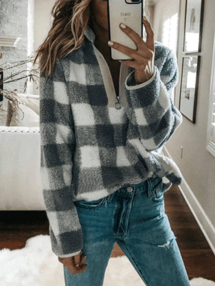 Women Fleece Plaid V-Neck Half Zip Casual Long Sleeve Sweatshirts