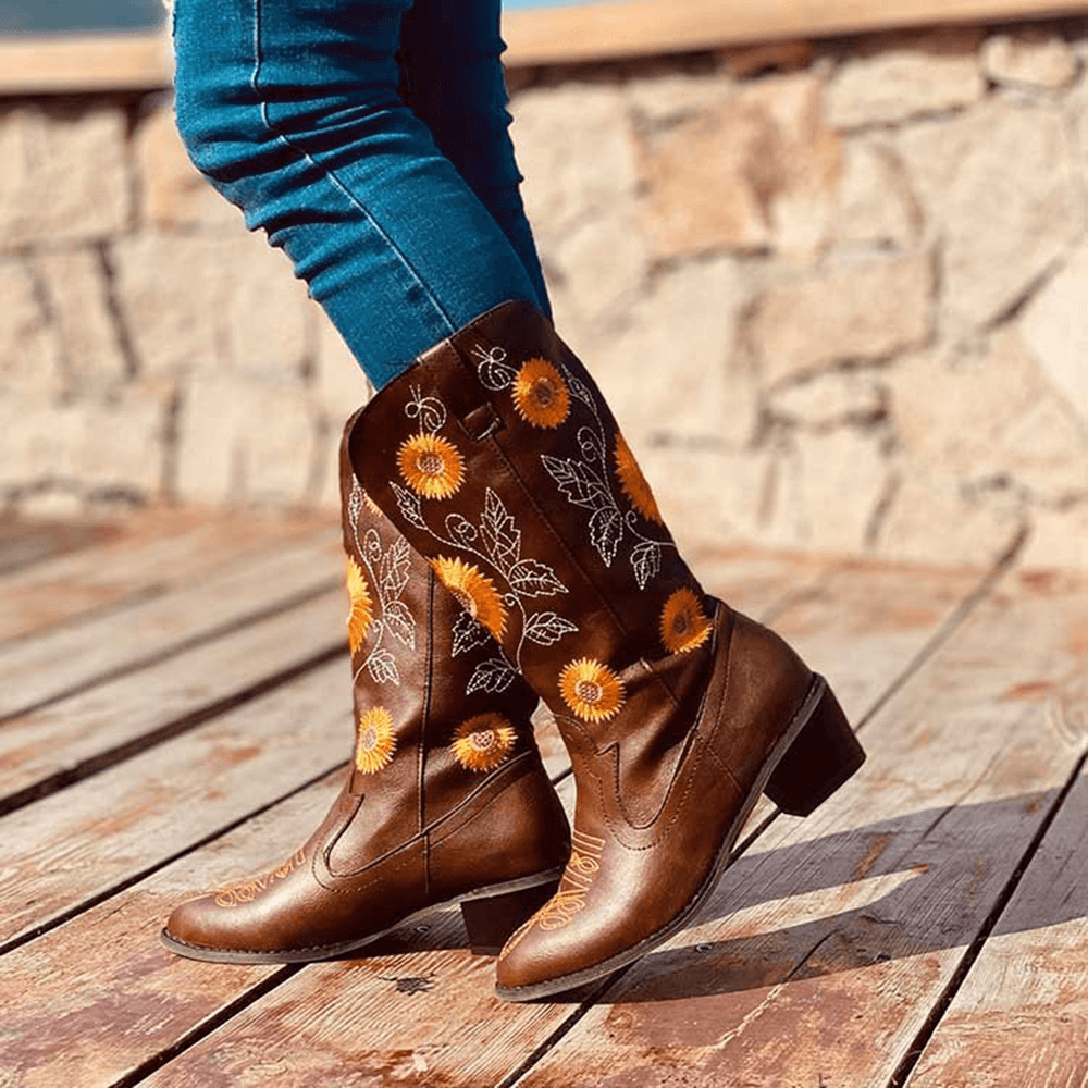 Women'S Large Size Daisy Embroidered Chunky Heel Pointed Toe Mid-Calf Cowboy Boots