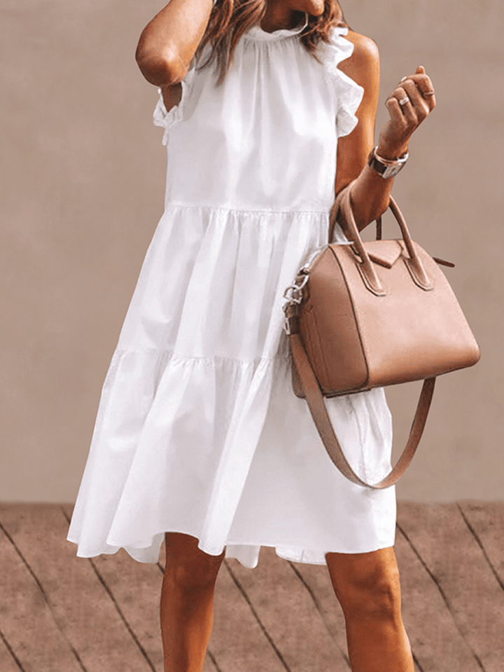 Women Solid Color Ruffles Trim Sleeveless Simple Midi Dresses