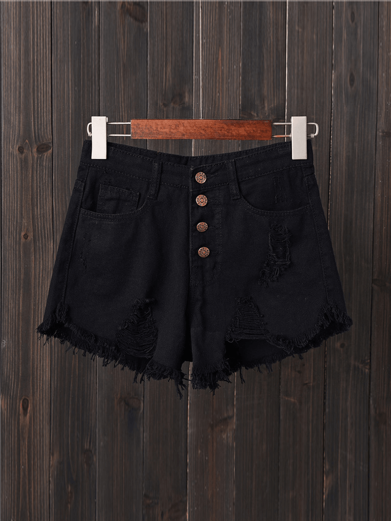 Women Button up Pocket Loose Hollow Ripped Denim Shorts