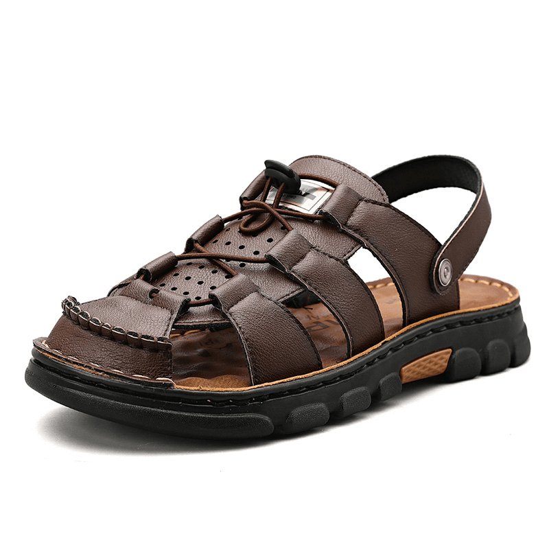 Men Cowhide Leather Soft Sole Two-Ways Non Slip Elastic Laces Trendy Casual Sandals