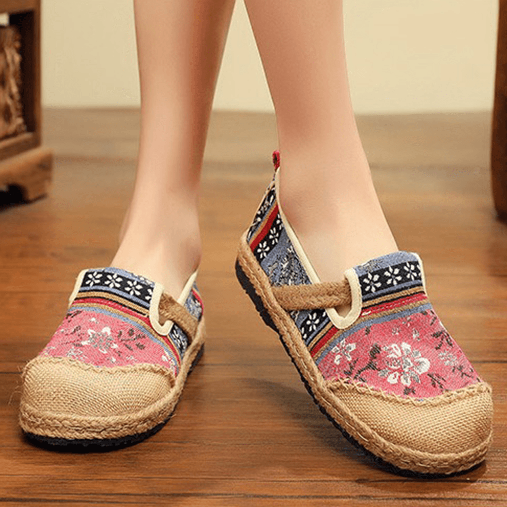 Women Linen Old Peking Printing Stricing Slip on Loafers