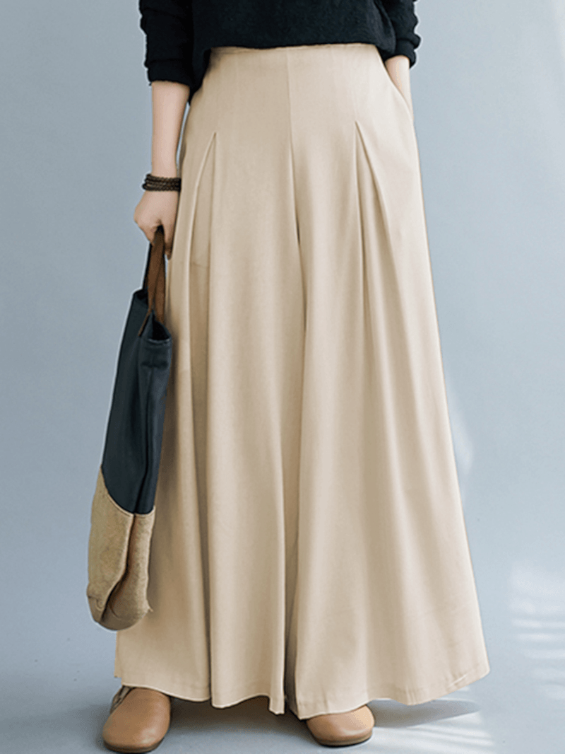 Women's Loose Fit Wide Leg Pants - Solid Color with Pleats, Pockets and Elastic Waist